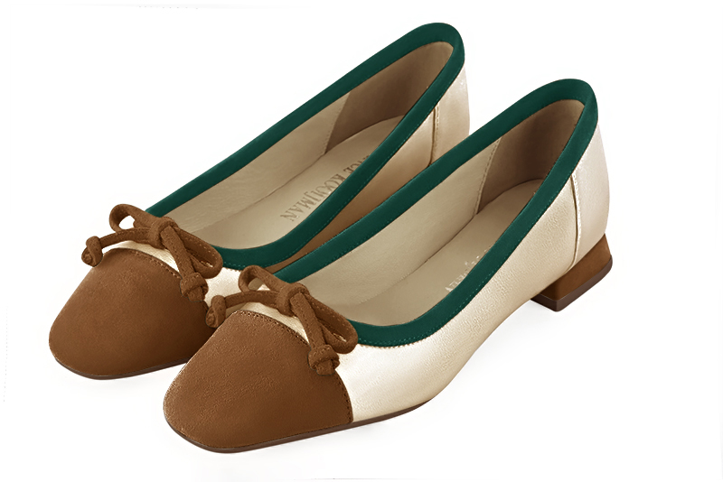 Caramel brown, gold and forest green women's ballet pumps, with low heels. Square toe. Flat flare heels. Front view - Florence KOOIJMAN